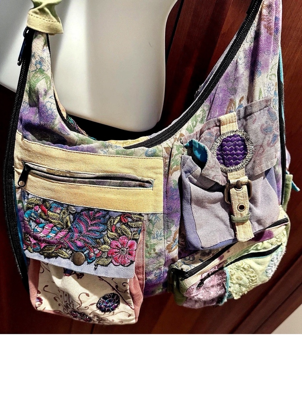 💙BLUE SKY💙 COTTON CANVAS LINEN TIE-DYE FLORAL EMBROIDERY 9 POCKET ZIP AROUND BAG - Picture 12 of 16